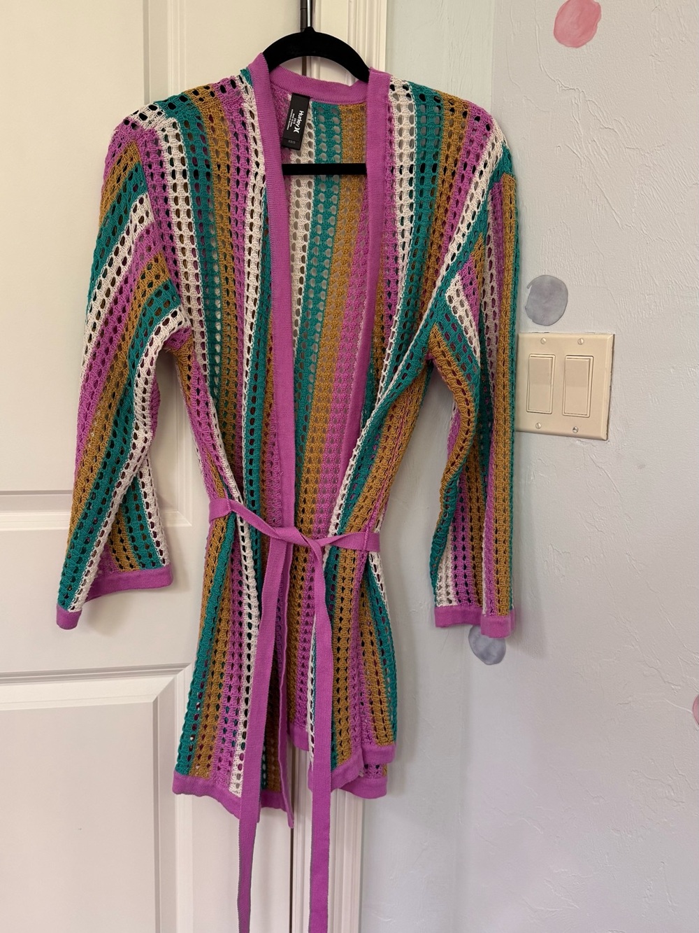 Hurley Multicolor Open-Knit Belted Cardigan — Pink, Teal, Mustard, White, Brown